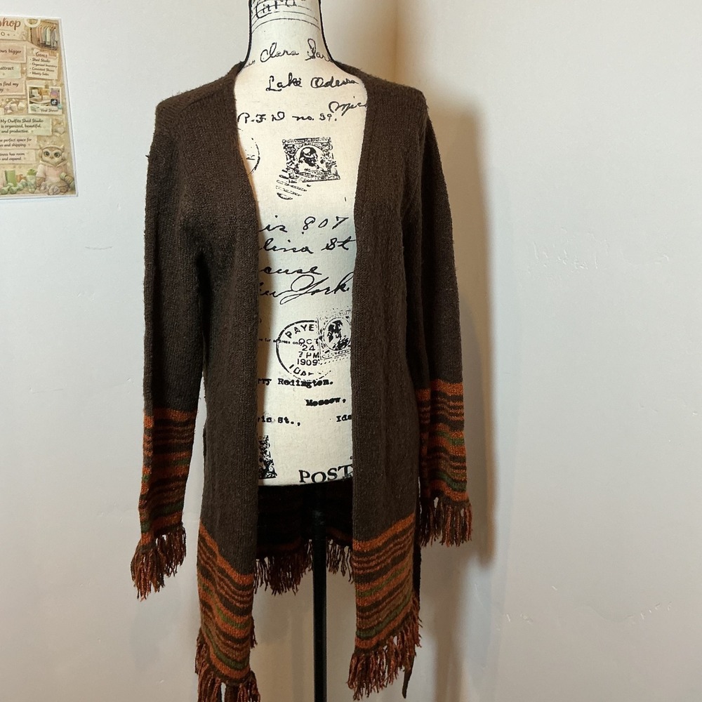 Babette Ballinger Boho Fringe Belted Cardigan Brown Striped XL Longline Sweater